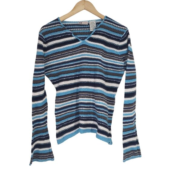 Faded Glory Tops - Faded Glory Womens Striped V-Neck Knit Blue Sweater Size XL Y2K Fairy‎ Grunge